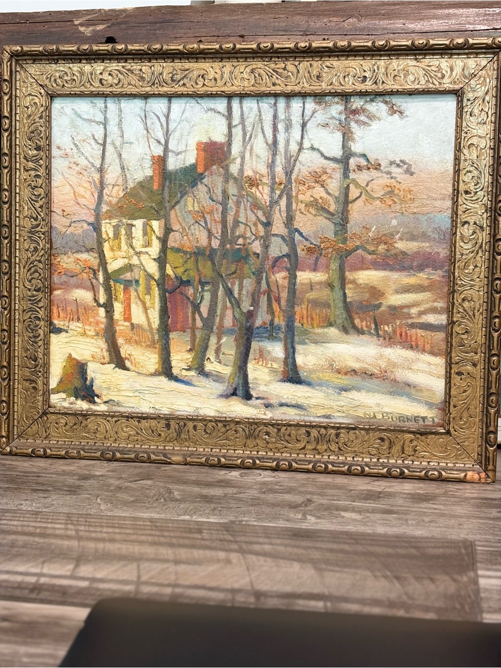 1924 Winter Cottage Landscape Oil Painting in Gold Frame - Signed Artist